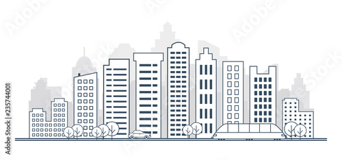 Thin line style city skyline. landscape with buildings  streets  cars  trees and trains. Panorama of city skyline.