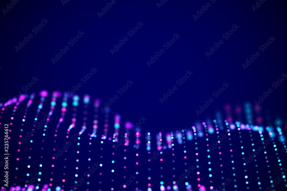 Abstract digital landscape or soundwaves with flowing particles. Big ...