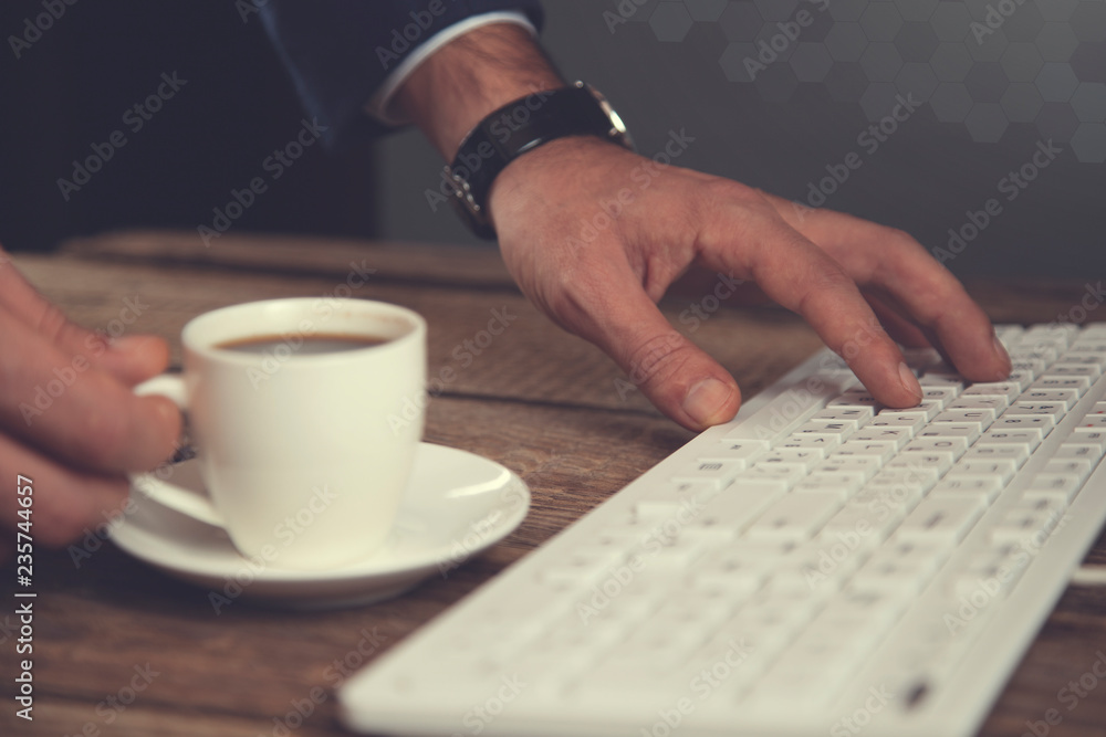 man hand coffee with keyboard man hand coffee with keyboard
