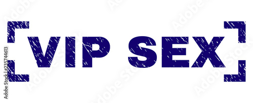 VIP SEX label seal print with distress texture. Text label is placed between corners. Blue vector rubber print of VIP SEX with grunge texture.