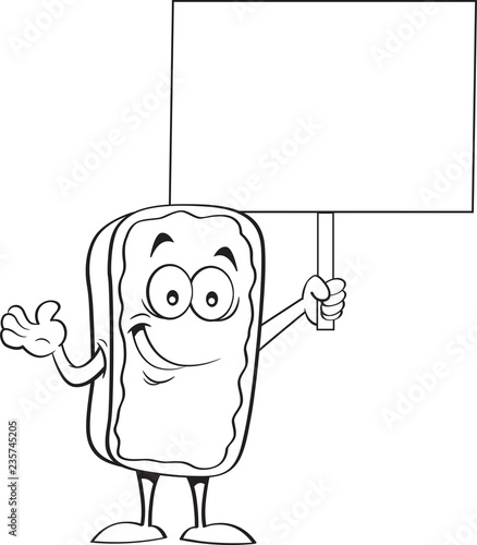 Black and white illustration of an eclair holding a sign.