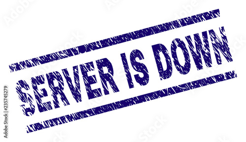 SERVER IS DOWN seal print with distress style. Blue vector rubber print of SERVER IS DOWN text with corroded texture. Text caption is placed between parallel lines.