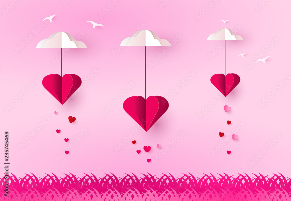 Valentines day and love. hanging hearts on clouds sky