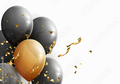 Black and yellow balloons, falling golden confetti and serpentine.