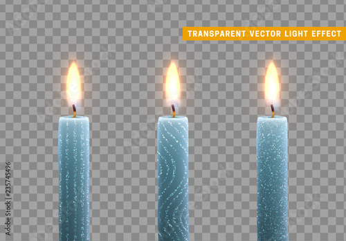 Candles burn with fire. Set of paraffin candles realistic isolated on transparent background. Element for design decor, vector illustration