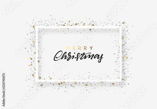 Christmas greeting card design with white frame with golden glowing glitter, gold confetti,yellow star sparkles. Handwritten lettering text merry Christmas