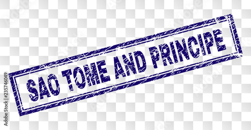 SAO TOME AND PRINCIPE stamp seal print with scratched style and double framed rectangle shape. Stamp is placed on a transparent background.