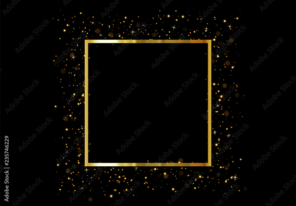 Golden square frame isolated on black background. Gold glitter border  shining particles of light effects Stock Vector | Adobe Stock