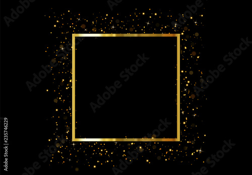 Golden square frame isolated on black background. Gold glitter border shining particles of light effects
