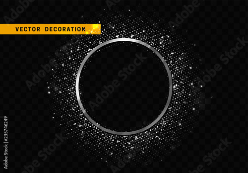 Silver round frame isolated on transparent background. Glitter border shining particles, of light effects