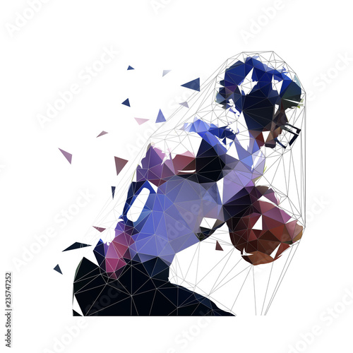 American football player running witn ball, low polygonal athlete, isolated vector illustration, side view