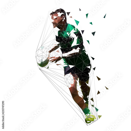 Rugby player running with ball, isolated low polygonal vector illustration