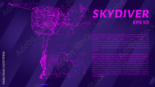 A skydiver in purple and pink tones. A parachutist from luminous points.