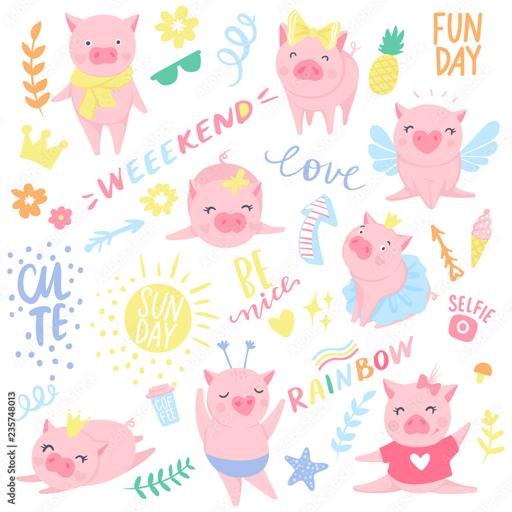 Vector seamless pattern with funny pigs. Pig background isolated on white.