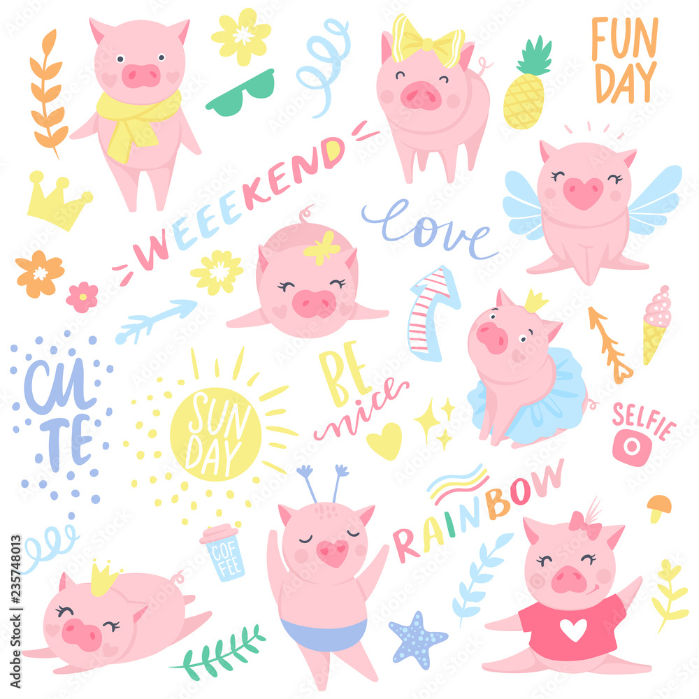 Vector seamless pattern with funny pigs. Pig background isolated on white. Vector seamless pattern with funny pigs. Pig background isolated on white.