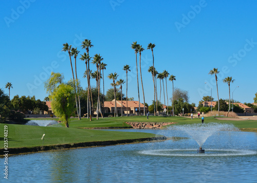 Water fountains and Palm Trees in Maricopa County, Glendale, Arizona. photo