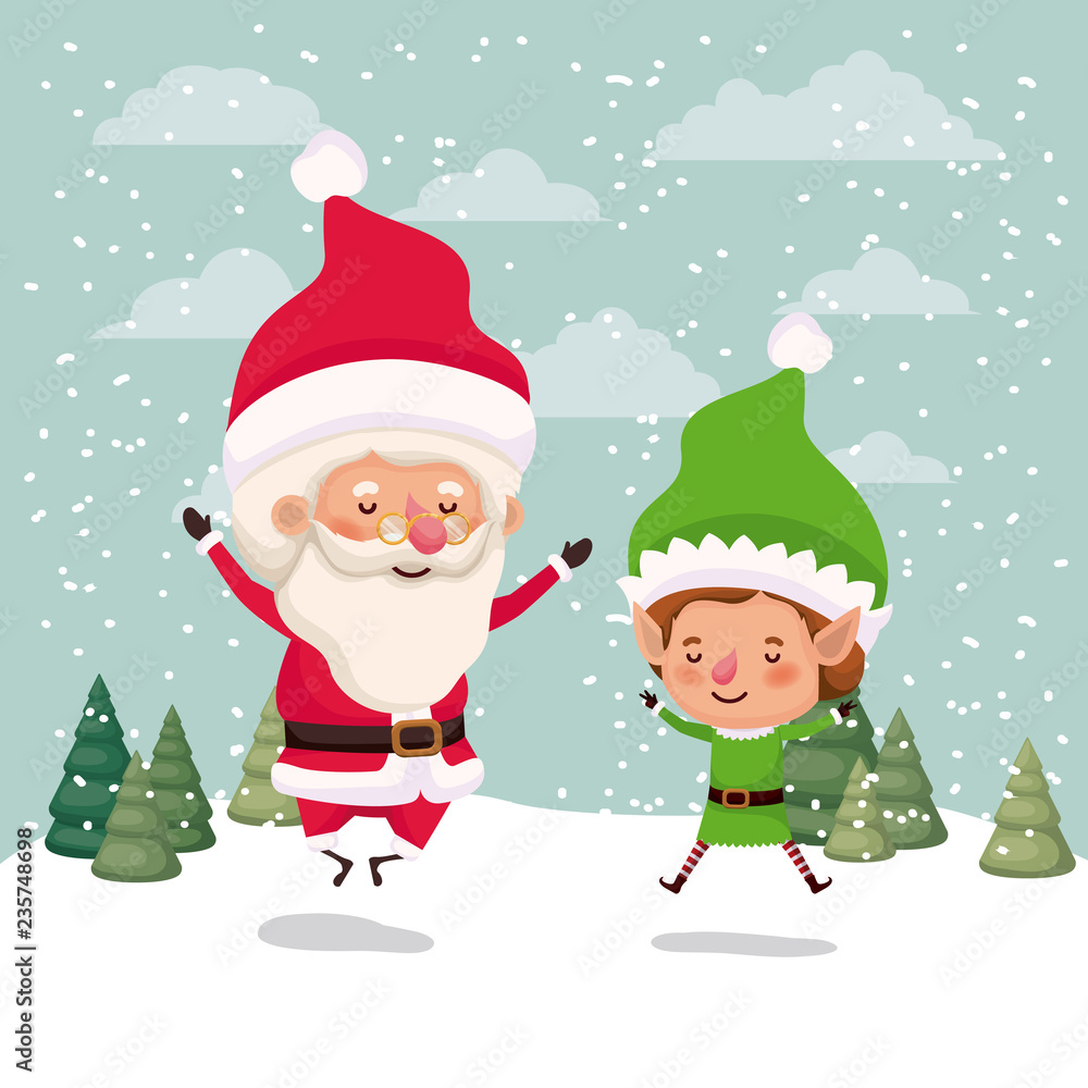 little elf and santa claus characters in snowscape little elf and santa claus characters in snowscape