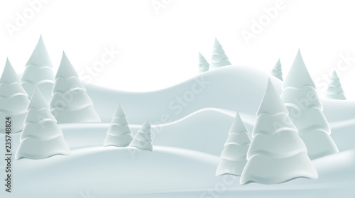 Winter foggy snowy landscape with Christmas trees. Freehand drawing.