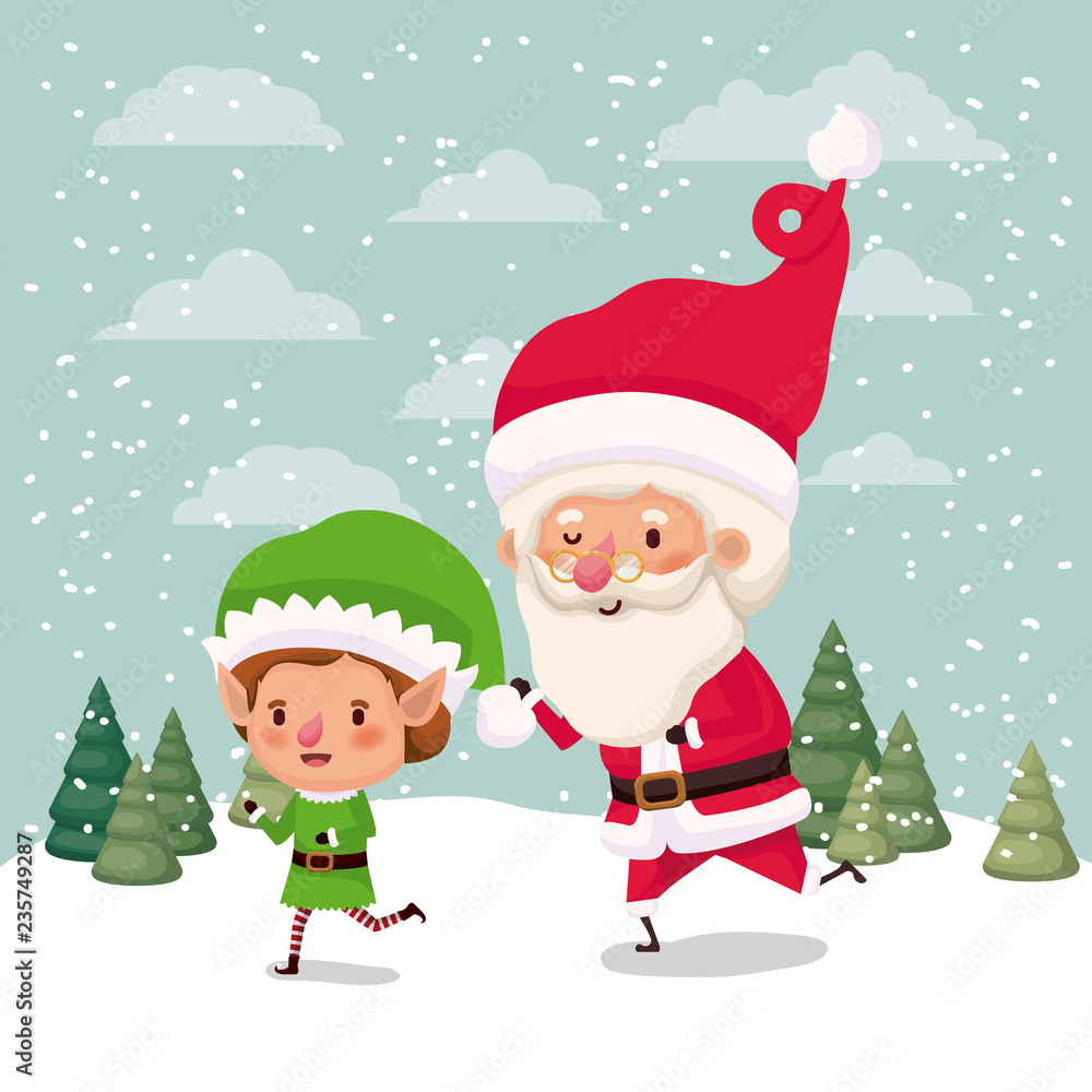 little elf and santa claus characters in snowscape little elf and santa claus characters in snowscape
