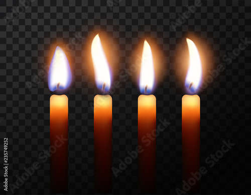 Four candles burning in the dark. Light blur effect. High detailed realistic illustration