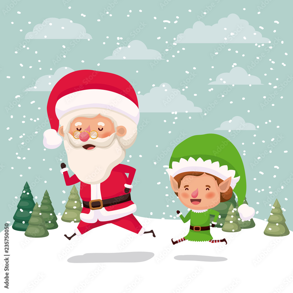 little elf and santa claus characters in snowscape little elf and santa claus characters in snowscape