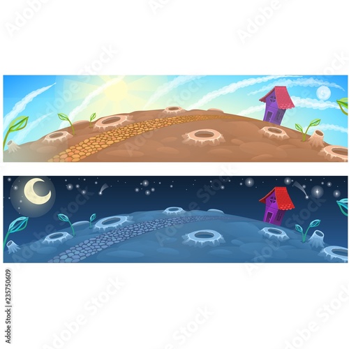 Little fairy house on the moon. Vector cartoon close-up illustration.