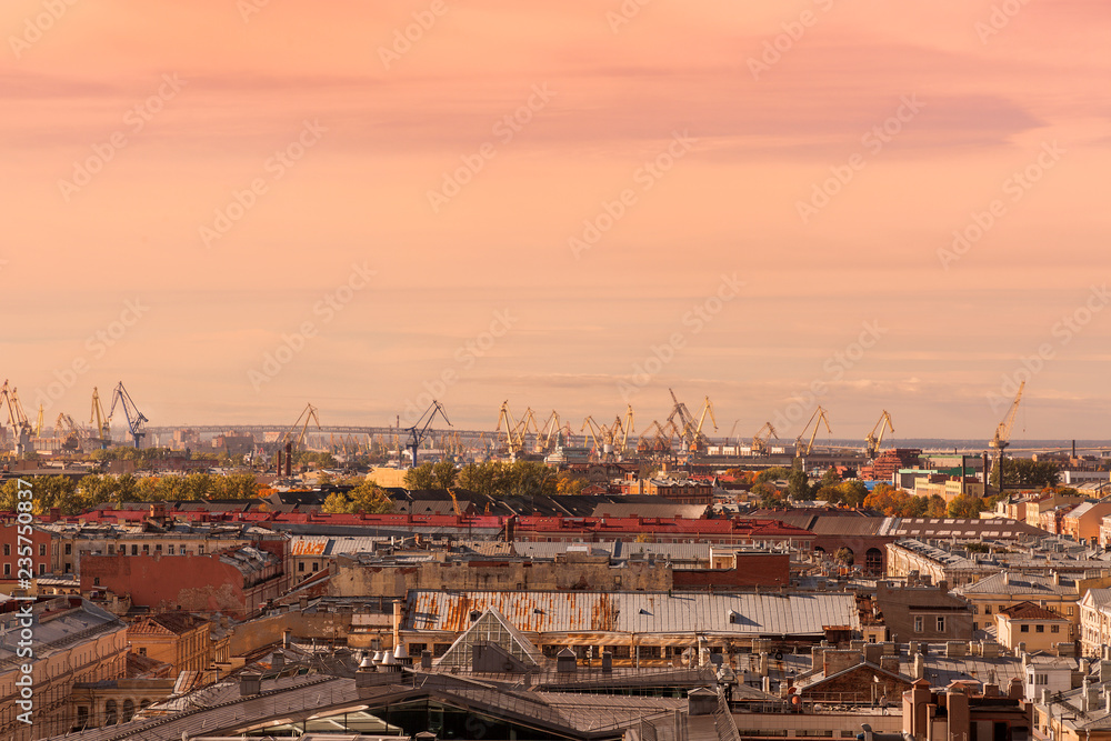panorama of the old industrial city in the evening in Vyborg St. Petersburg
