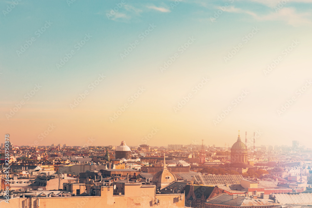 wonderful view of the roofs of the city and attractions in the light in the city of St. Petersburg