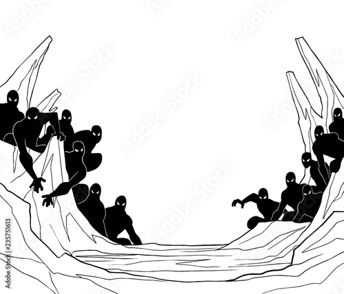 Dramatic line art fictional scene with many terrifying dark creatures crawling on cliffs in the desert as concept for the forces of evil.