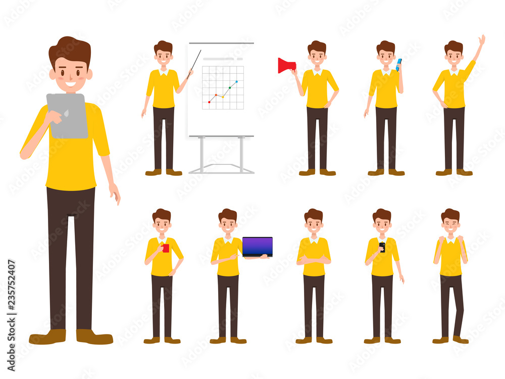 Businessman character in job with gadget. Businessman character in job with gadget.
