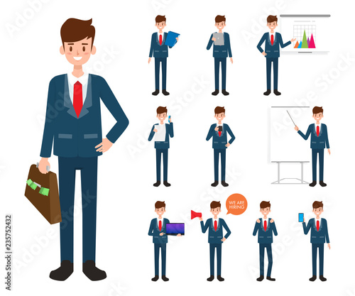 Businessman character in job with gadget.