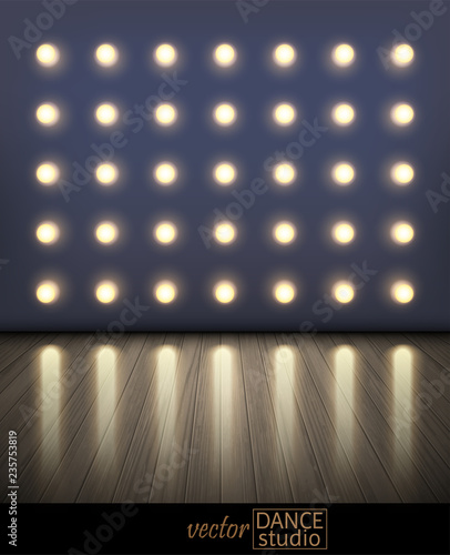 Dance studio. Wooden dance floor, which reflects the light of spotlights. Highly realistic illustration.
