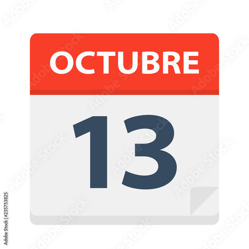 Octubre 13 - Calendar Icon - October 13. Vector illustration of Spanish Calendar Leaf