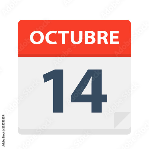 Octubre 14 - Calendar Icon - October 14. Vector illustration of Spanish Calendar Leaf
