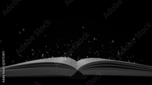 isolated book witch flying letters