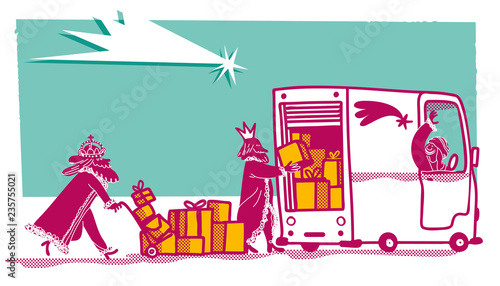 The three wise men working in a delivery van. Christmas card.
