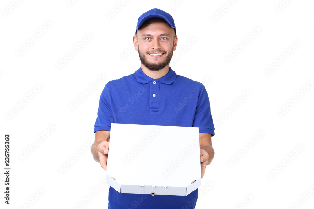 Delivery man with pizza in cardboard box isolated on white background Delivery man with pizza in cardboard box isolated on white background