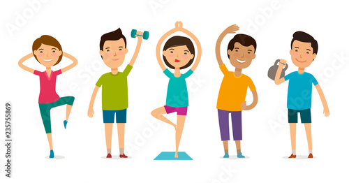 People involved in sports. Fitness, gym, healthy lifestyle concept. Funny cartoon vector illustration