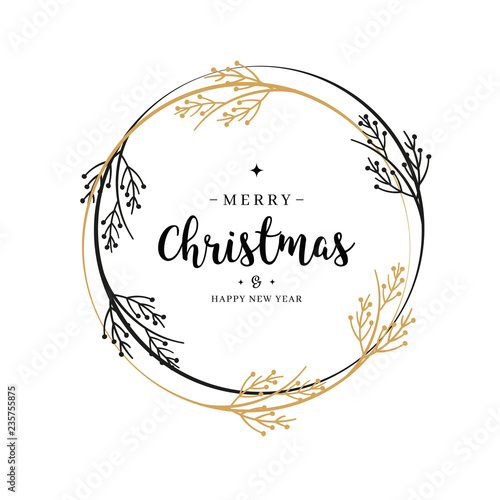 Merry Christmas greeting text wreath branch circle isolated background