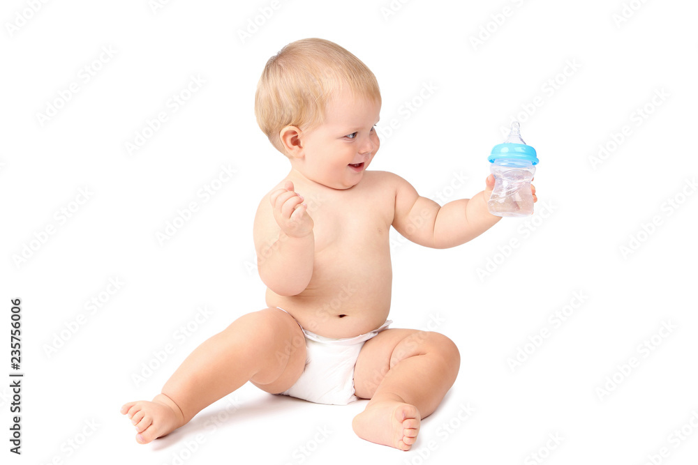 Baby boy with bottle isolated on white background Baby boy with bottle isolated on white background