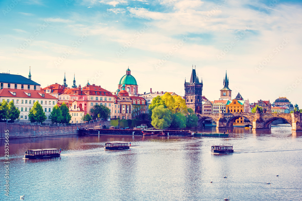 Picturesque magical beautiful landscape with Charles Bridge on the Vltava River in the old city of Prague, Czech Republic. amazing places. popular tourist atraction