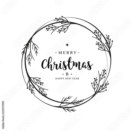 Merry Christmas greeting text lettering wreath branch circle isolated background