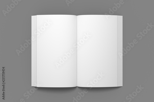 Empty opened book mockup. White 3D illustration of book mock-up in top view.