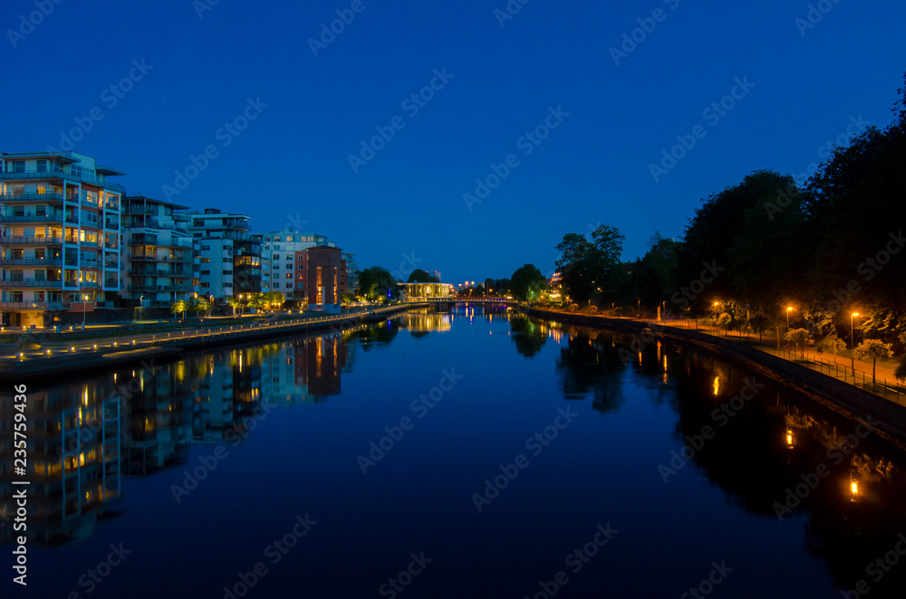 night view of the bridge and river in Halmstad
