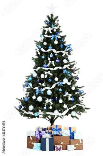 Christmas tree with decorations and gift boxes isolated on white background