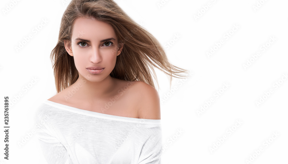 Beautiful Young Woman with Clean Fresh Skin look away on white background . Girl beauty face care. Facial treatment . Cosmetology , beauty and spa . Beautiful Young Woman with Clean Fresh Skin look away on white background . Girl beauty face care. Facial treatment . Cosmetology , beauty and spa .