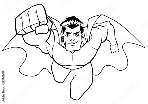 Front view full length line art illustration of a determined and powerful superhero wearing cape and costume while flying against white background for copy space.