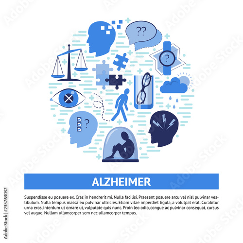 Alzheimer's symptoms round concept banner in flat style
