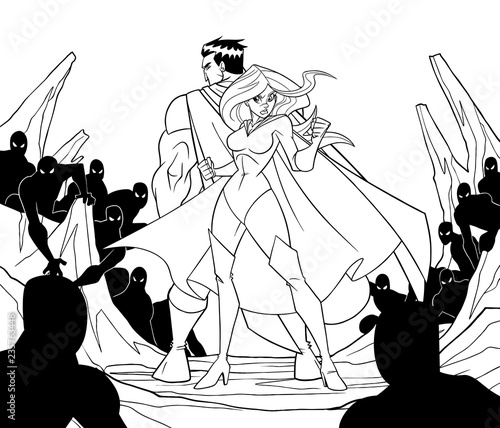Dramatic fictional scene with super heroine with her brave and powerful partner standing together against dangerous dark creatures.