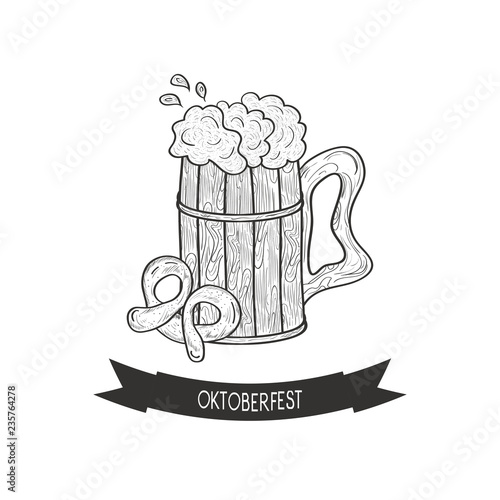 Oktoberfest. A mug of beer, foam, pretzel. Sketch. Logo, emblem. Monochrome.
